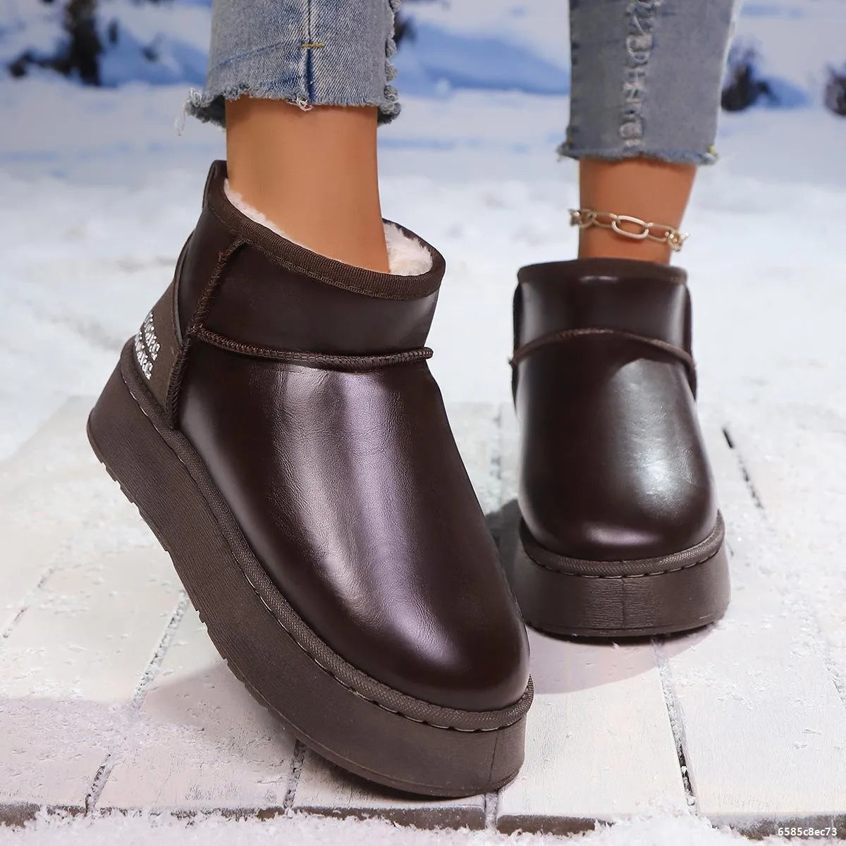 Women's Ankle Boots Pu Leather Faux-Fur Platform Flats Coffee Brown 08014965f77c4e9697f90aa36aa84d76-Max-Origin Trendsi