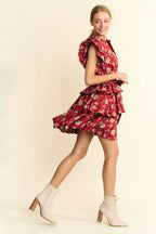 Davi & Dani Ruffle Mini Dress Rust Floral Flutter Short Sleeve Tie Belt Tiered 080839b17a4d43abb4865e19606ee322-Max-Origin Trendsi