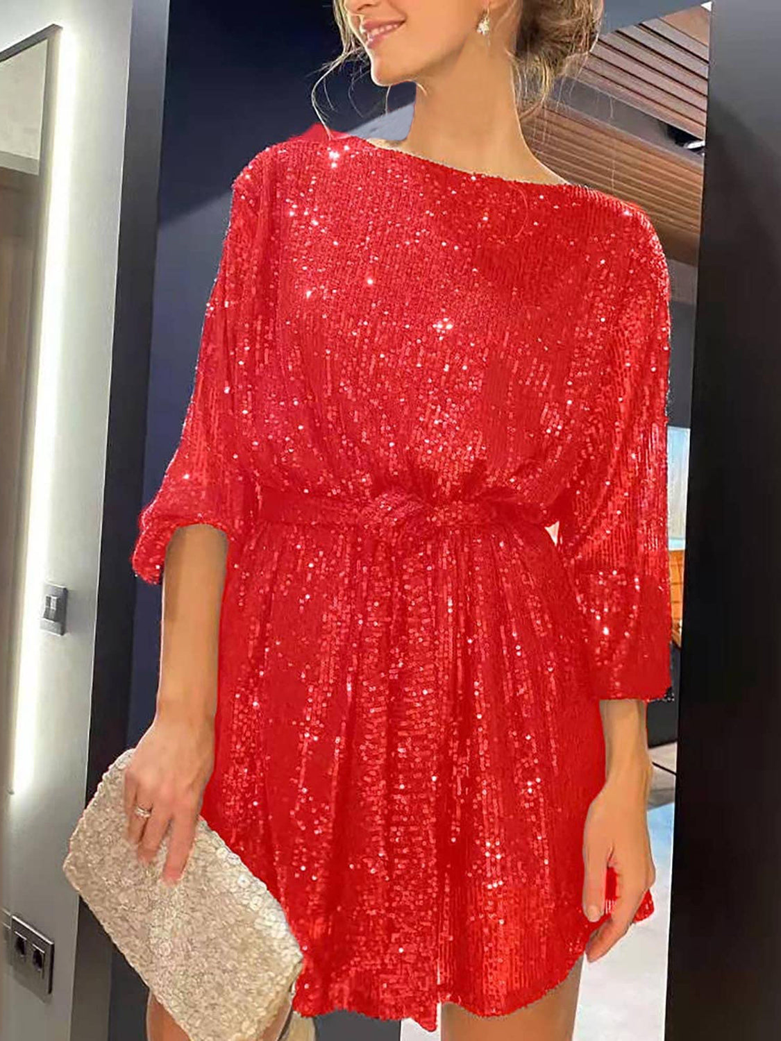 Sequin Mini Dress Tie Waist Long Sleeve Short Women Party Lined Dresses