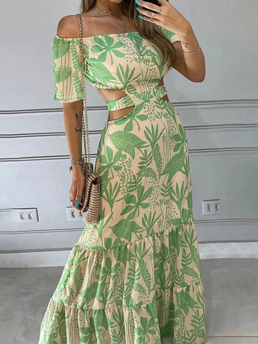 Maxi Dress Floral Cutout Off-Shoulder Back Bow Tied Ruffled Green 08110d07de264b5ebf5b29b48b576b7b-Max-Origin Trendsi