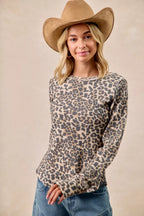 BiBi Womens T-shirt Leopard Print Washed Waffle Thermal Top 0822bc2e8e704dbe983f03ed57807110-Max-Origin Trendsi