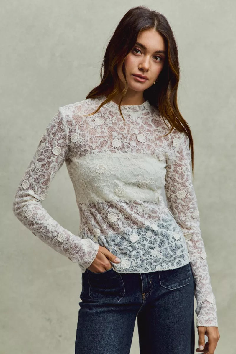 SO ME Lace Long Sleeve 3D Effect Floral Layering Top