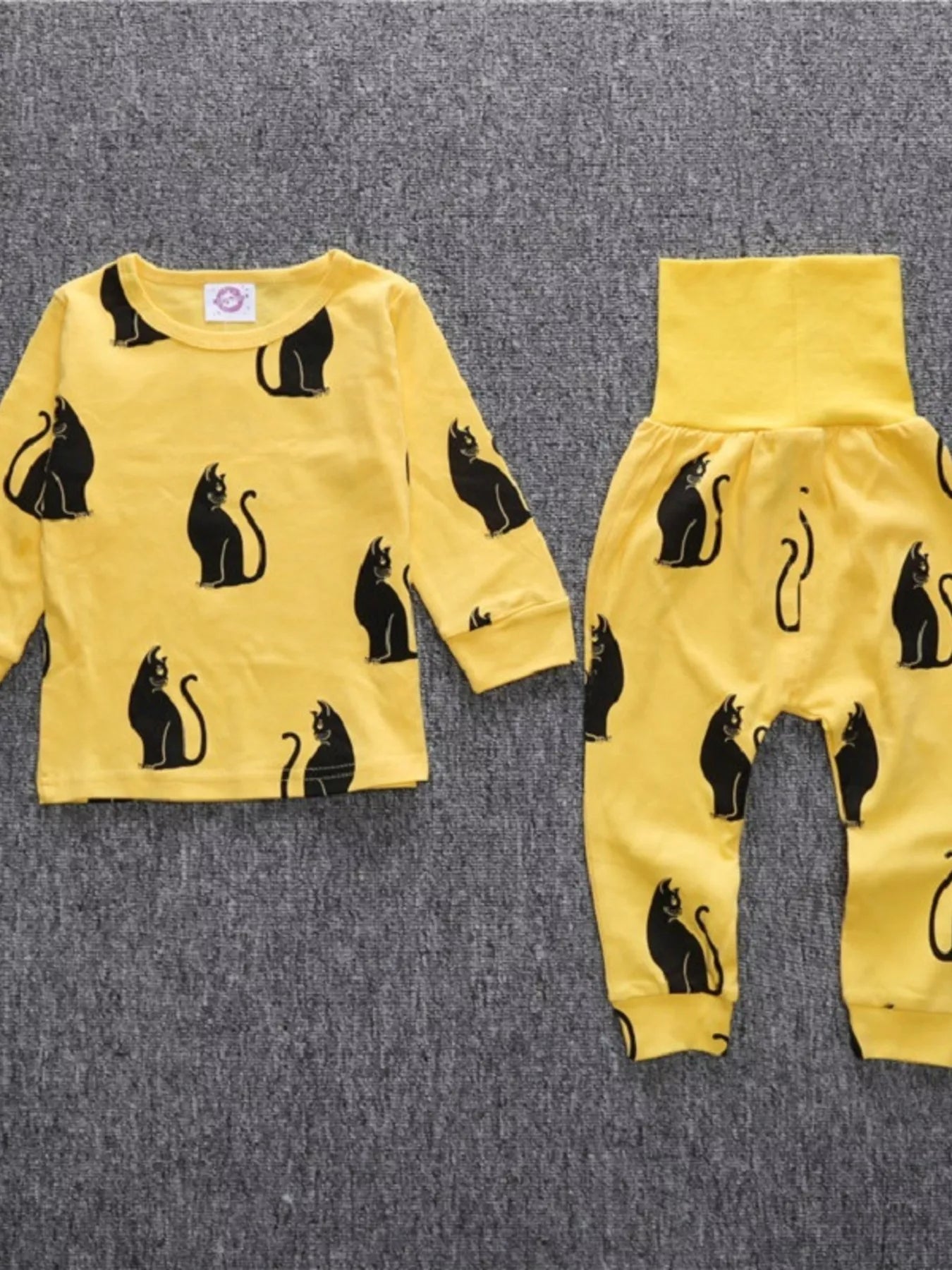 Children's Set Top and Pants Cute Cat Print Long Sleeve Yellow 2 Pcs Gold