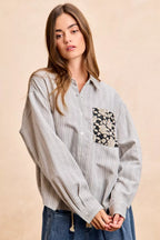 BiBi Womens Gray Stripe Shirt Black Flower Jacquard Knit Patch Pocket Top 08607a166fd546488601bcd6fe891091-Max-Origin Trendsi