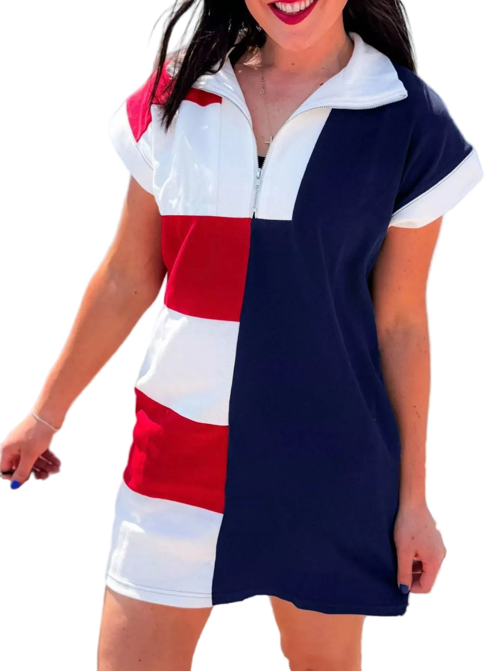 Americana Colorblock Striped Zip-Up Collared T-Shirt Mini Dress