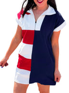 Americana Colorblock Striped Zip-Up Collared T-Shirt Mini Dress