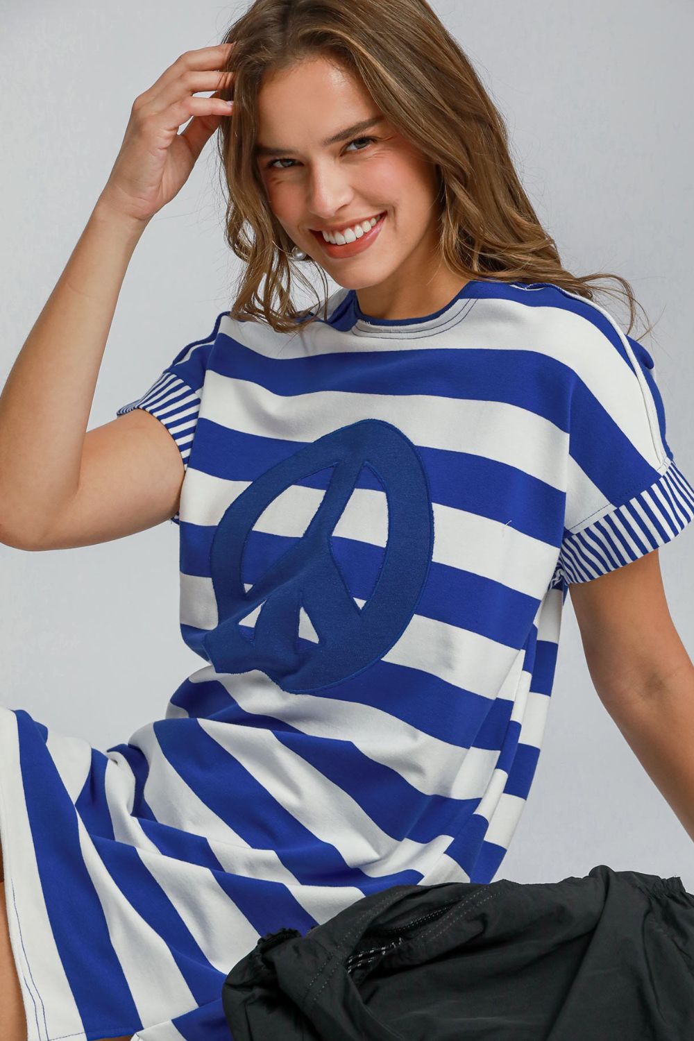 Umgee USA Mini Dress Striped Royal Blue Peace Applique Short Sleeve