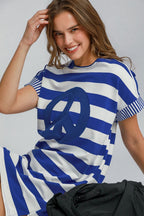Umgee USA Mini Dress Striped Royal Blue Peace Applique Short Sleeve 0867fb16-f271-4cfd-94de-40bf021085b6-Max Trendsi