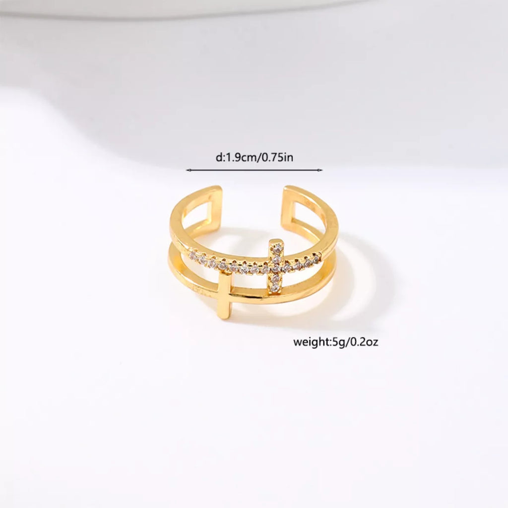 Cross Open Ring 18K Gold-Plated Rhinestone Gold Jewelry 0867fb51-b684-4149-9ba2-540e50caee1b-Max-Origin Trendsi