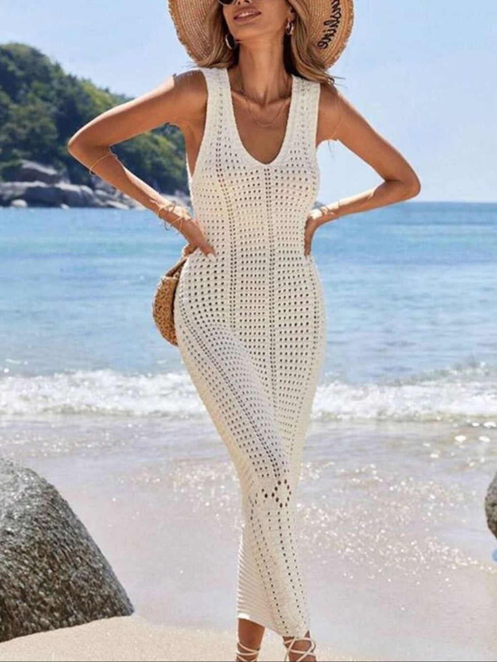 Sleeveless Crochet Knit Dress with Openwork Design
