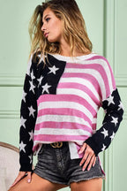 BiBi Knit Top American Flag Low Gauge Raw Hem Long Sleeve Black Mauve 087b7904a2564c3ba39323029a2a68b2-Max-Origin Trendsi