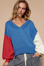 POL Women Sweater 100% cotton Exposed Seam Contrast V-Neck Lantern Sleeve 08837bbd-2470-4d88-89ee-f71284616998-Max Trendsi