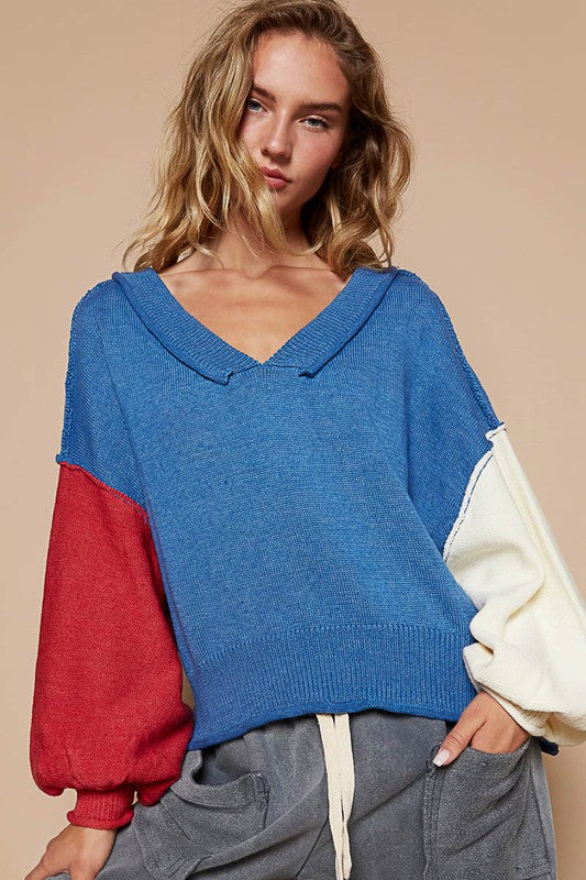 POL Women Sweater 100% cotton Exposed Seam Contrast V-Neck Lantern Sleeve 08837bbd-2470-4d88-89ee-f71284616998-Max Trendsi