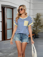 Women's T-Shirt Striped Round Neck Short Sleeve Front Pocket Top 088a3f6d-b4de-423d-87b1-9112eda5a779-Max Trendsi