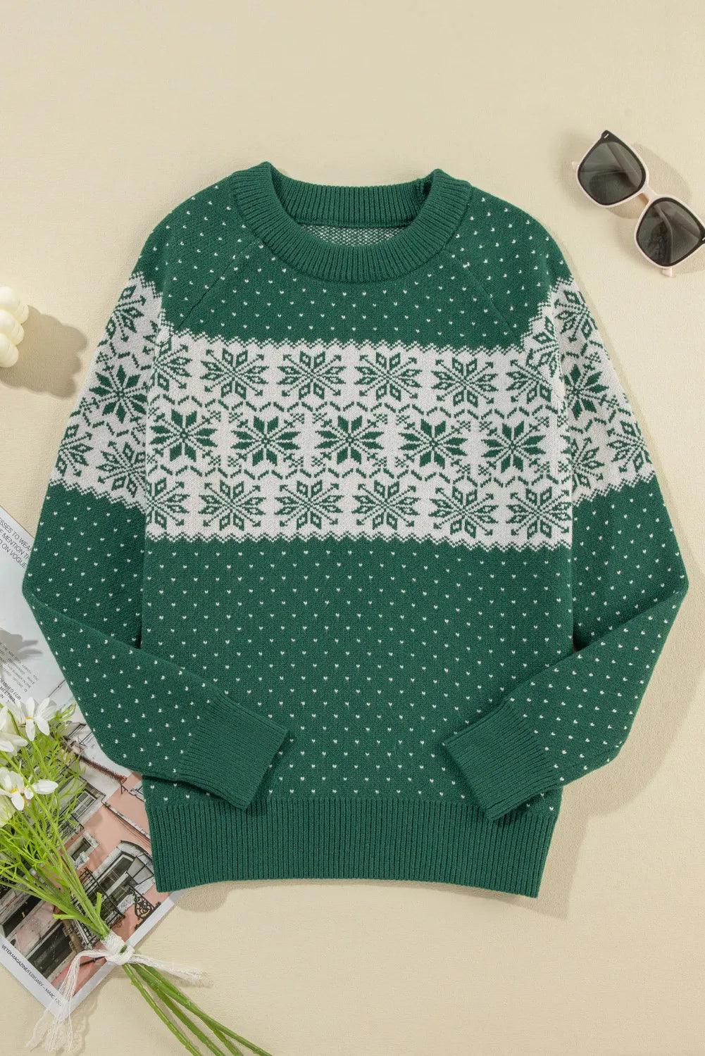 Green Sweater Christmas Graphic Round Neck Long Sleeve Pullover