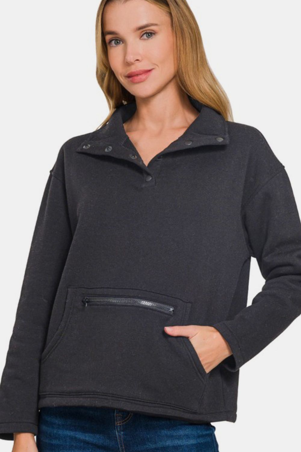 Zenana Sweatshirt Turtleneck Half Snap Fleece Long Sleeve Cotton Black