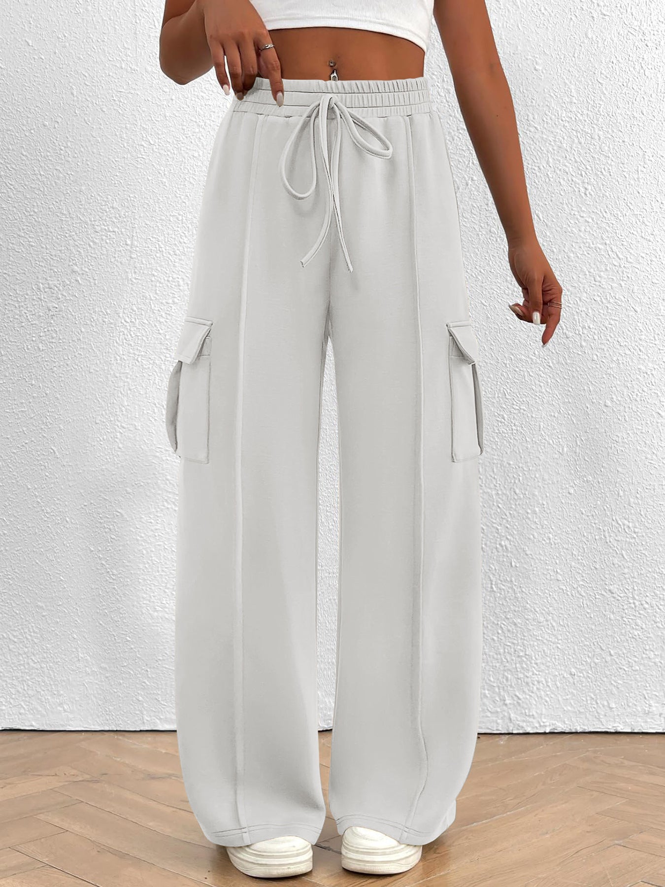 Casual High Waist Cargo Pants with Drawstring Closure and Multiple Pockets