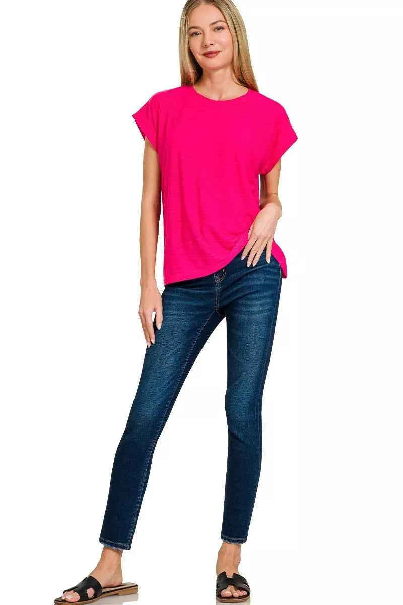 Zenana T-shirt Hot Pink Slub Cuffed Short Sleeve Top Tee 088d13c4c27c4f8ebf939a051a21405f-Max-Origin Trendsi