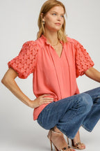 Umgee Blouse Heart Lace Sleeve Linen Blend Burnt Coral Ruffle Collar Top Burnt Coral 089500d7-405c-4dc3-b284-cd563b900a07-Max Trendsi