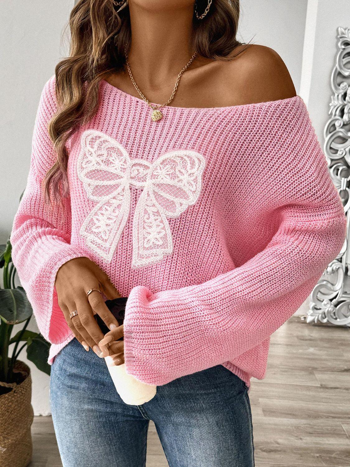 Bow Sweater Boat Neck Long Sleeve Loose Oversized Knitwear