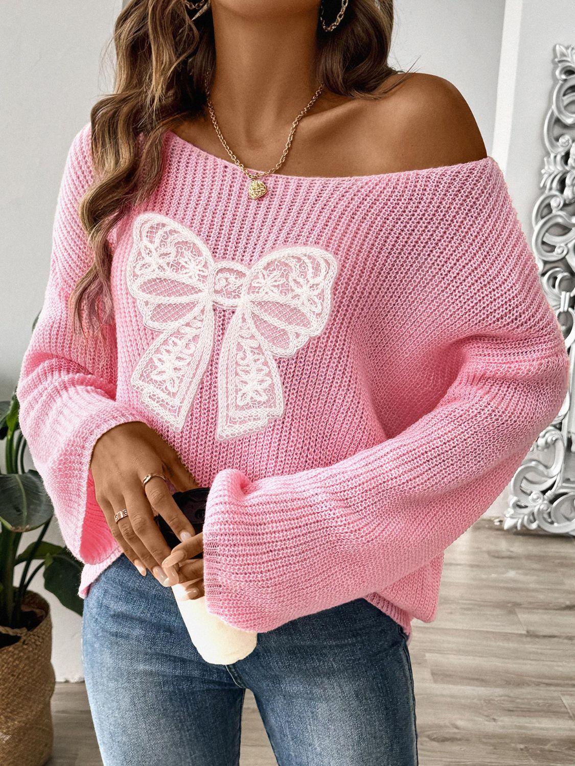 Bow Sweater Boat Neck Long Sleeve Loose Oversized Knitwear Blush Pink