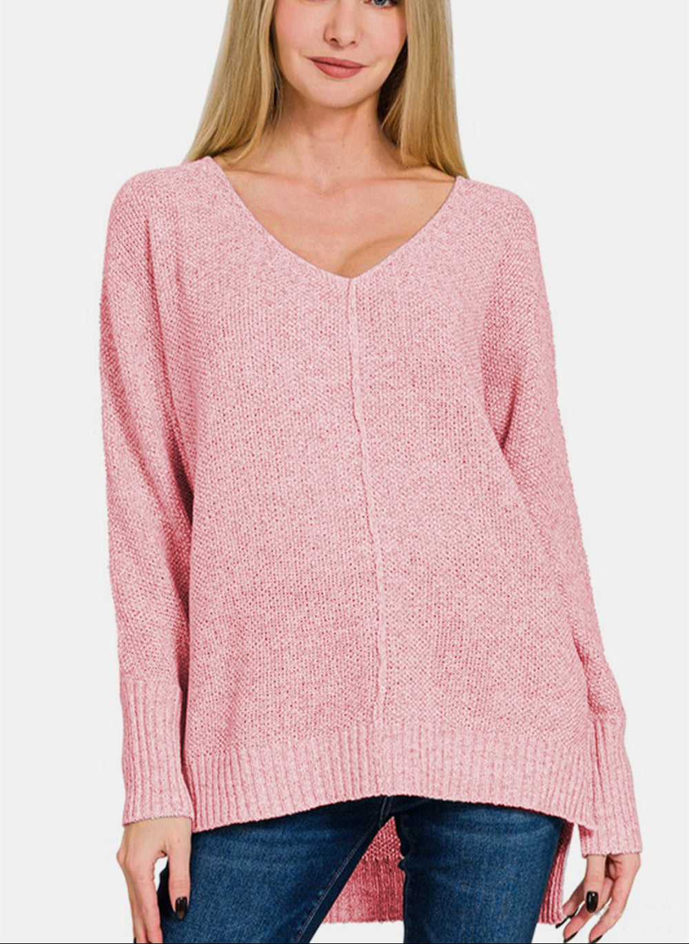 Zenana Sweater Dusty Pink High-Low Center Knit Seam V-Neck Long Sleeve