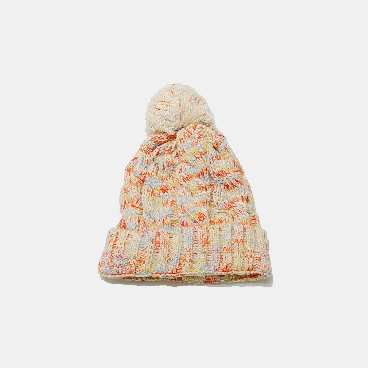 Contrast Cable-Knit Hat with Pompom Faux Fur Insulated