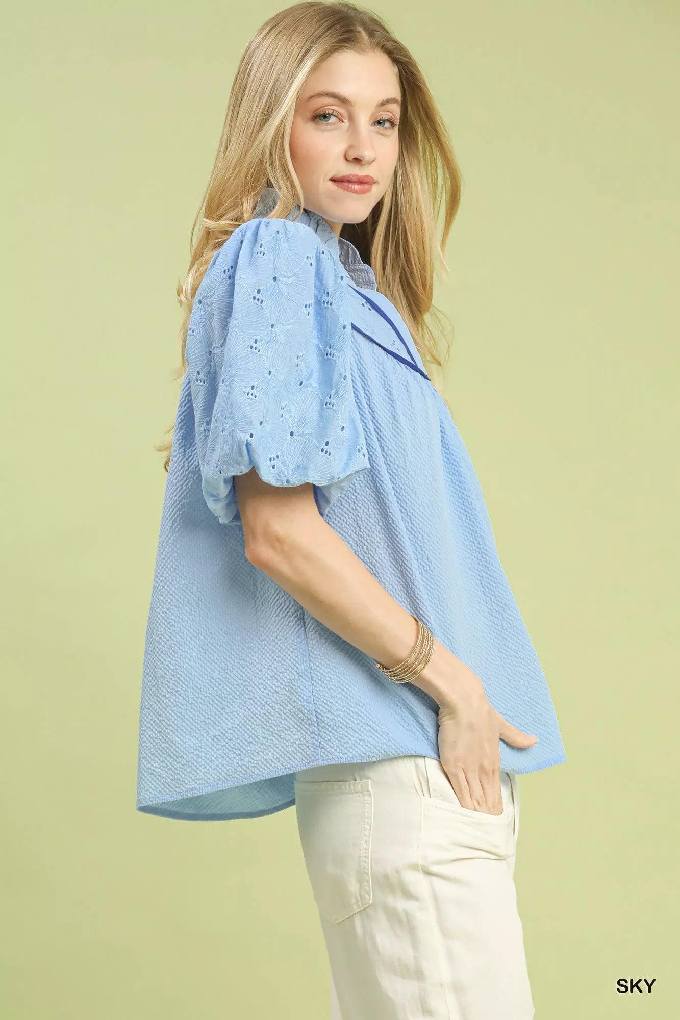 Umgee Blouse Sky Blue Eyelet Mix Top Puff Short Sleeve with Contrast Piping 08bbbd20-52fb-4953-9e26-1ae15e1db35b-Max-Origin Trendsi