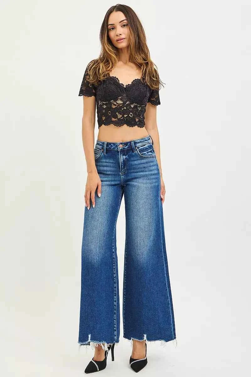 RISEN High Rise Wide Leg Jeans with Distressed Hem 08bd80ba56364a3a9213940985c9834e-Max-Origin Trendsi