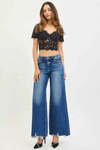 RISEN High Rise Wide Leg Jeans with Distressed Hem 08bd80ba56364a3a9213940985c9834e-Max-Origin Trendsi
