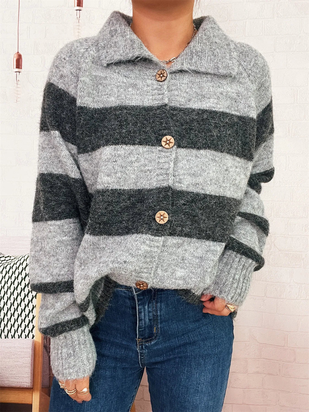 Women's Cardigan Striped Button-Up Cozy Soft Long Sleeve 08be3027ed1c46cdbb1e61742dc57c89-Max-Origin Trendsi