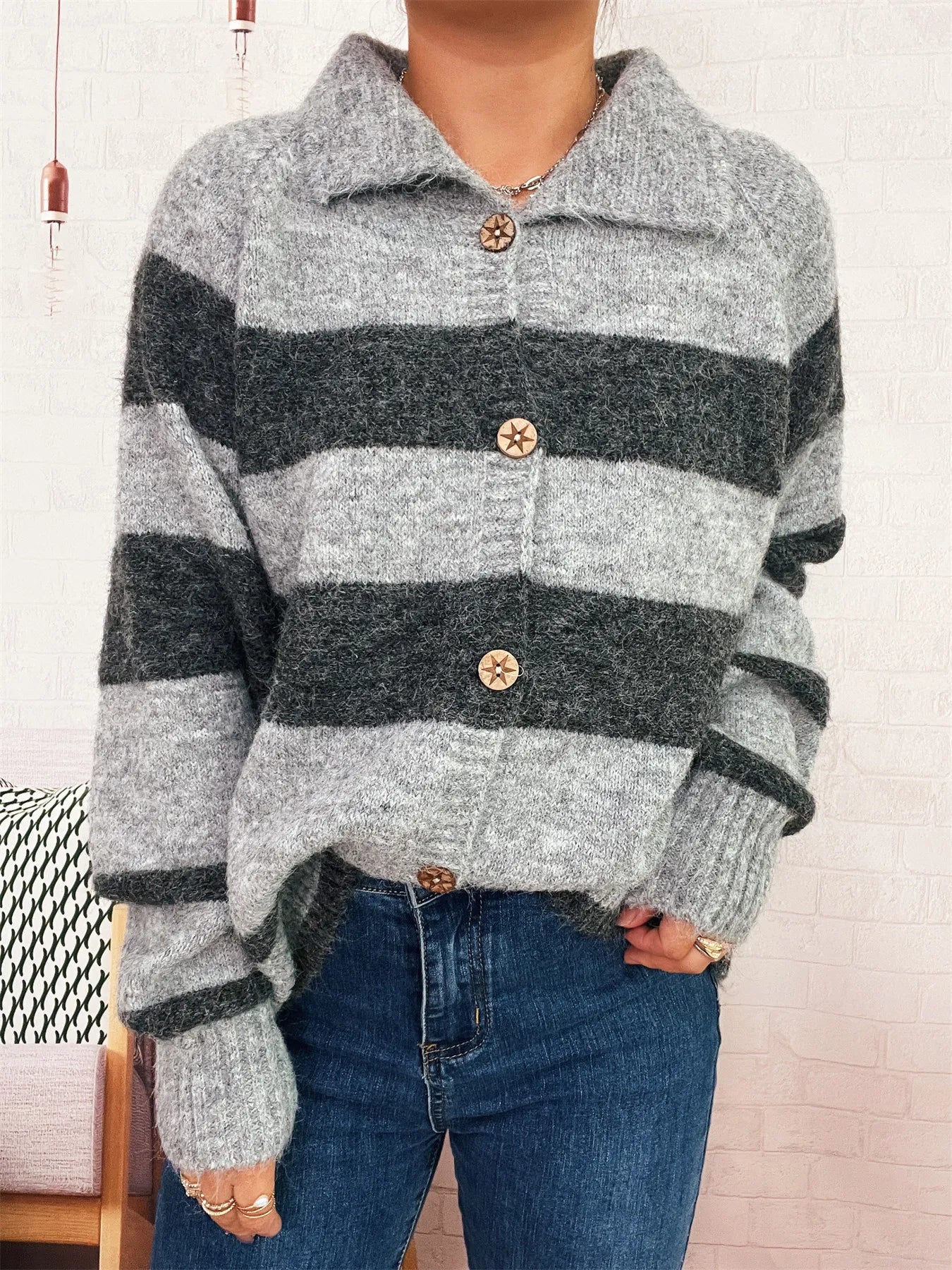 Women's Cardigan Striped Button-Up Cozy Soft Long Sleeve 08be3027ed1c46cdbb1e61742dc57c89-Max-Origin Trendsi