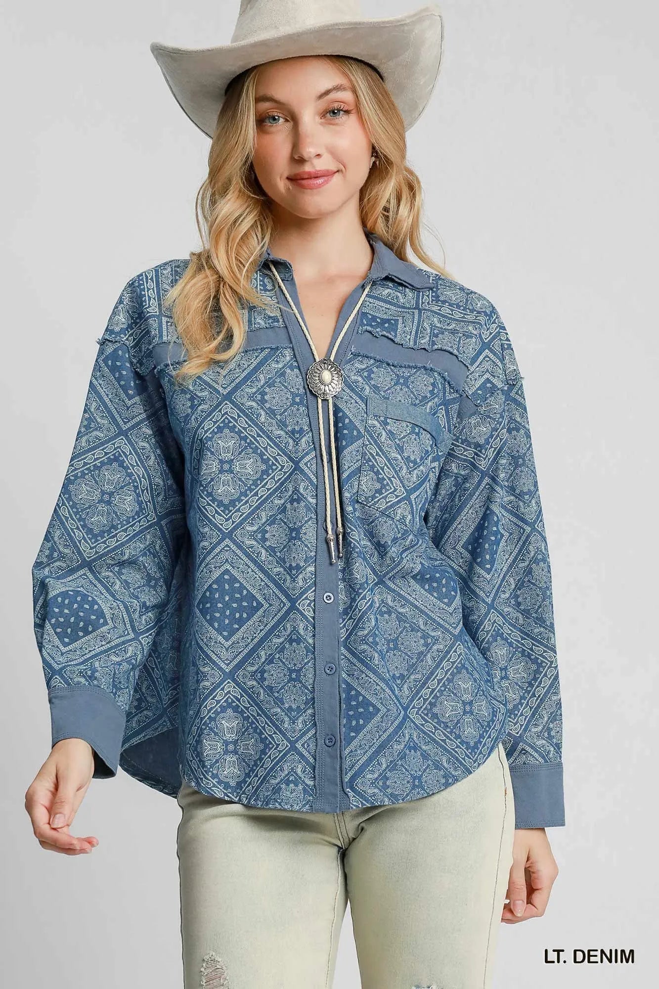 Umgee Women's Denim Jacket Paisley Print Shirt Light Blue Buttoned Oversized LT. DENIM 08d0a696-c8bf-4aea-ba11-63817543aef5-Max-Origin Trendsi