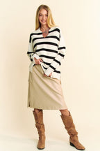 Davi & Dani Women Sweater Striped Side Slit Johnny Collar Long Sleeve 08d1f700-6d0f-4519-af07-5f73415658e0-Max Trendsi