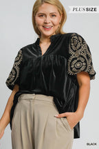Umgee Blouse Black Velvet Embroidered Short Puff Sleeve Top 08d25864-fe7f-4ebc-977b-a9f13cf7f00f-Max-Origin Trendsi