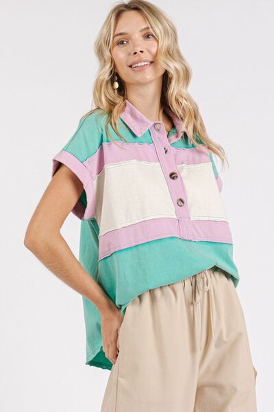 Mittoshop Polo Shirt Color Block Henley Short Sleeve Seafoam Cotton Top 08dc5560-4d35-40ba-8bfa-84be0d8990c7-Min Trendsi