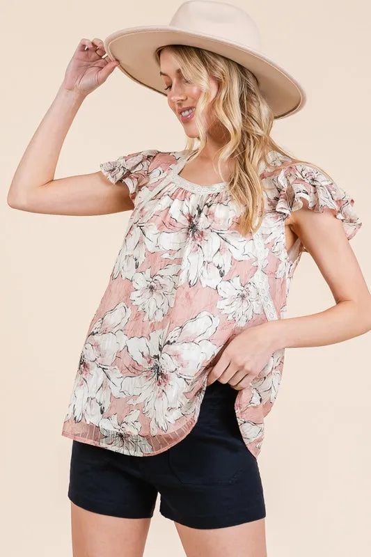 Lime 'N' Chili Blouse Pink Floral Print Lace Trim Puff Short Sleeve 08e3c9cf0c0f4fb3ae2f17d53b5476fa-Max-Origin Trendsi