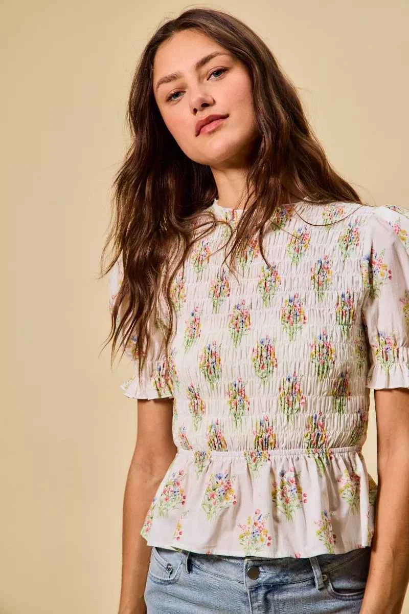 SO ME Floral Cotton Smocked Short Sleeves Blouse