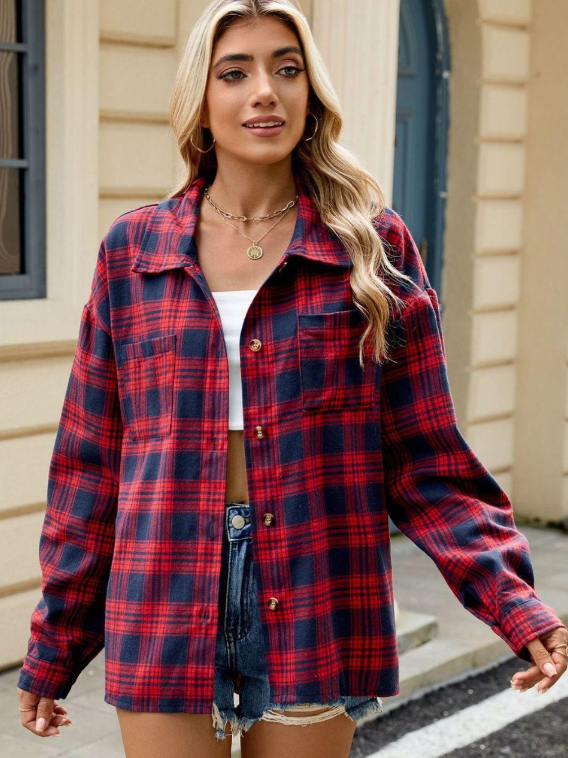 Plaid Shirt Collared Neck Long Sleeve Patch Pockets Scarlet 08eb7ab1-d683-4620-9a5a-1ac9d0b5f802-Max_864afcb9-b932-4f3e-976c-ef127b3c8ac7 Trendsi