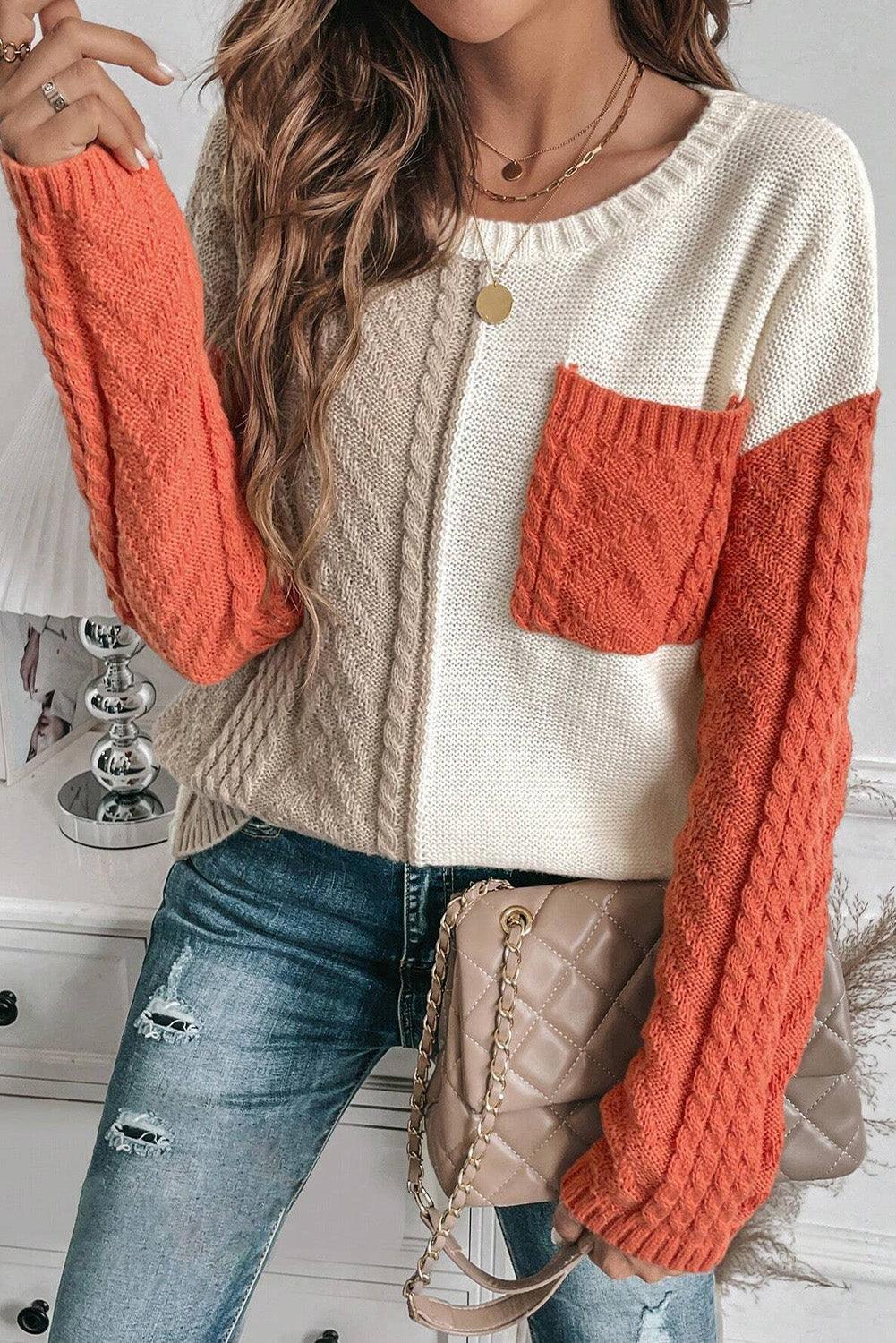 Sweater Color Block Round Neck Long Sleeve Knit pullover Orange 08ec1c35-9c3f-4bf4-88c5-c84b95731938-Max Trendsi