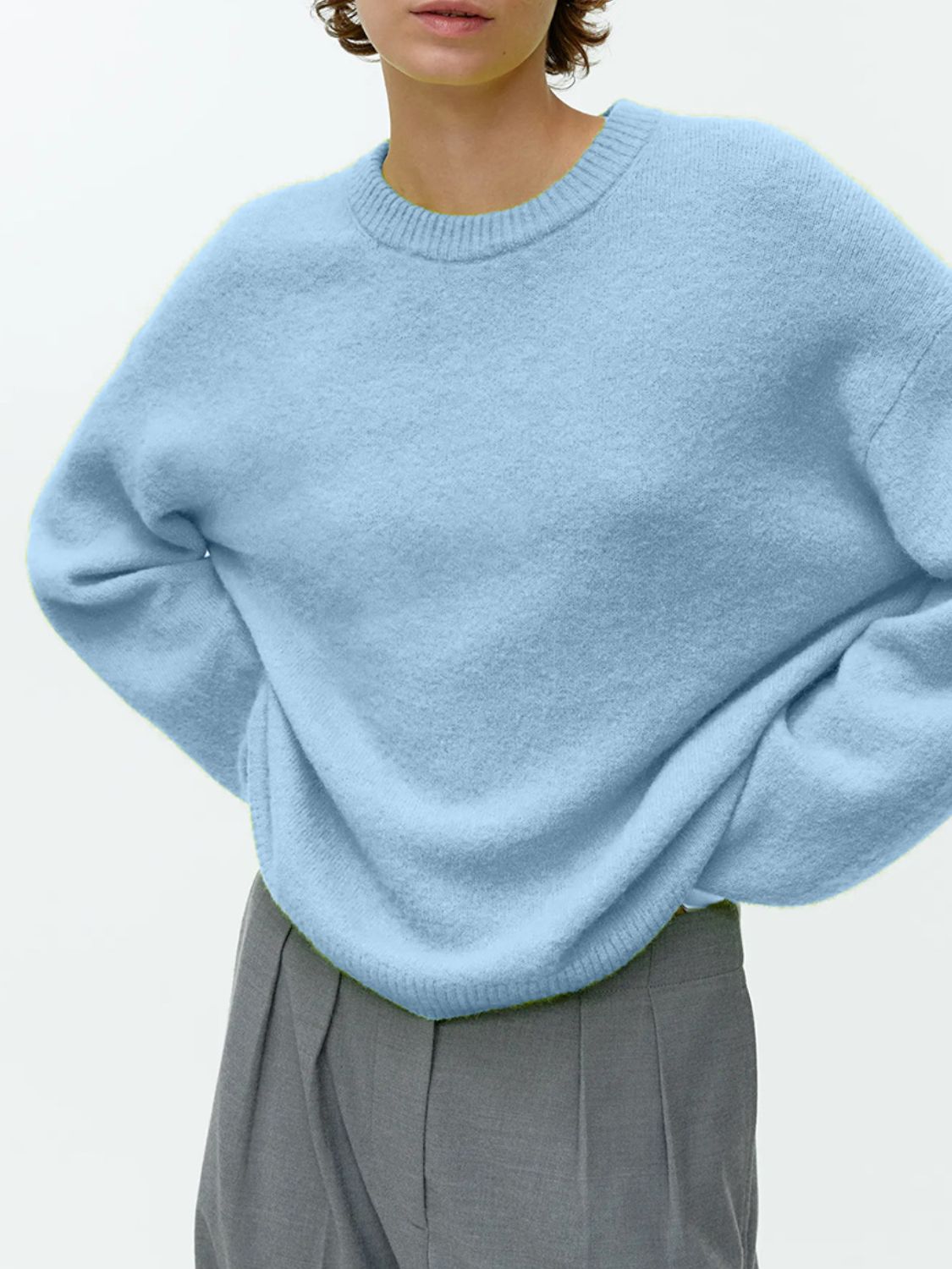 Women Sweater Round Neck Drop Shoulder Long Sleeve Soft Solid Pullover Light Blue One Size 08f0e349-c23c-4e57-ab7c-9a0e4e229d0f-Max Trendsi