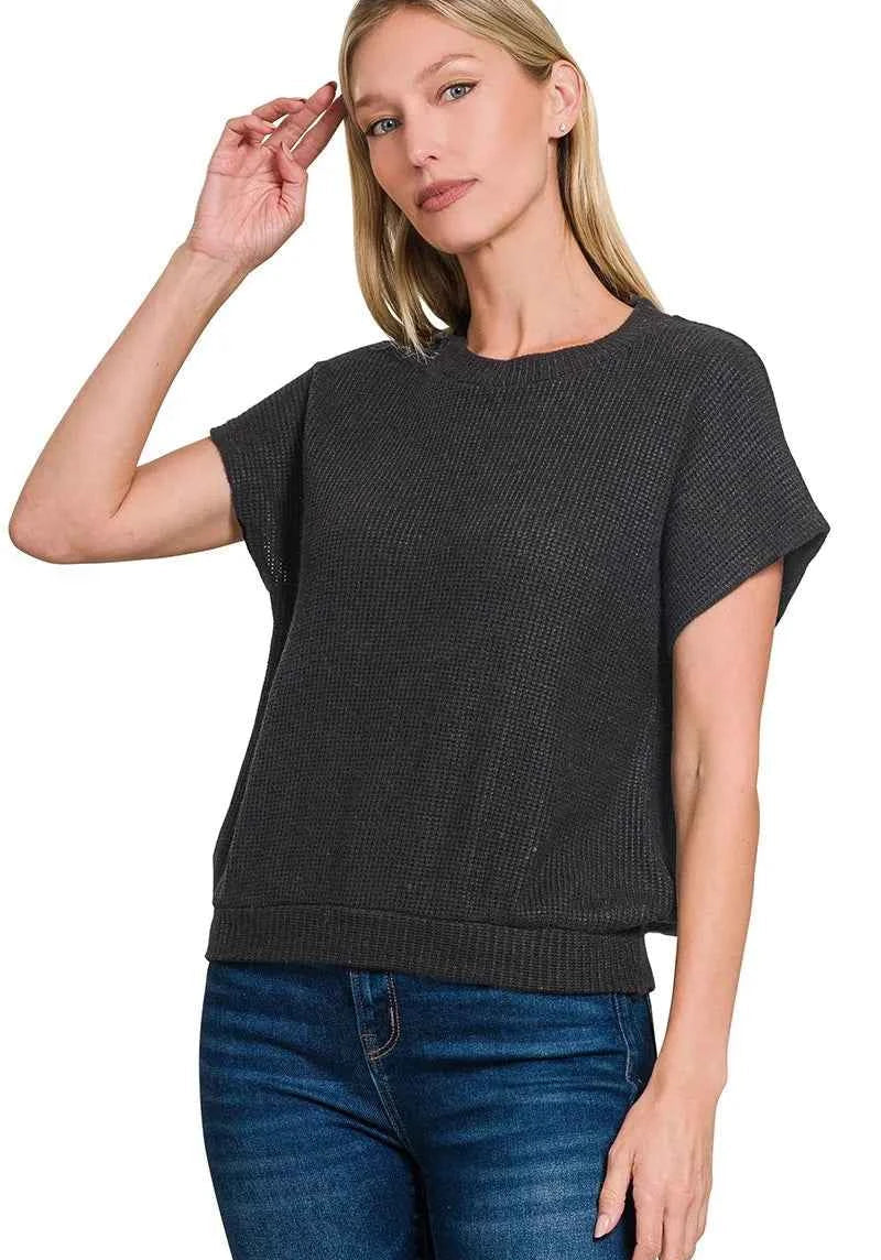 Zenana Round Neck Banded Button Short Sleeve Sweater BLACK 08f27a5a3ab14dd492a37a40a8cdcf6c-Max-Origin Trendsi