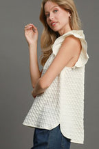 Umgee Textured Jacquard Blouse V-Neck Ruffle Short Sleeve Cream Top 08f4577b-ab73-4c92-8ceb-6d7079b78c37-Min Trendsi