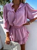 Women's Outfit Set Shirt Button Up Long Sleeve Top and Ruffled Skirt Lightweight 0902e8ab-3400-4f89-9b16-65f242a82a68-Max-Origin Trendsi
