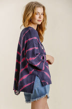 Umgee Knit Top Tie Dye Distressed Thin Sweater with Side Slits Long Sleeve 0904a46e-921e-46fd-8063-a5bd98574eca-Min Trendsi