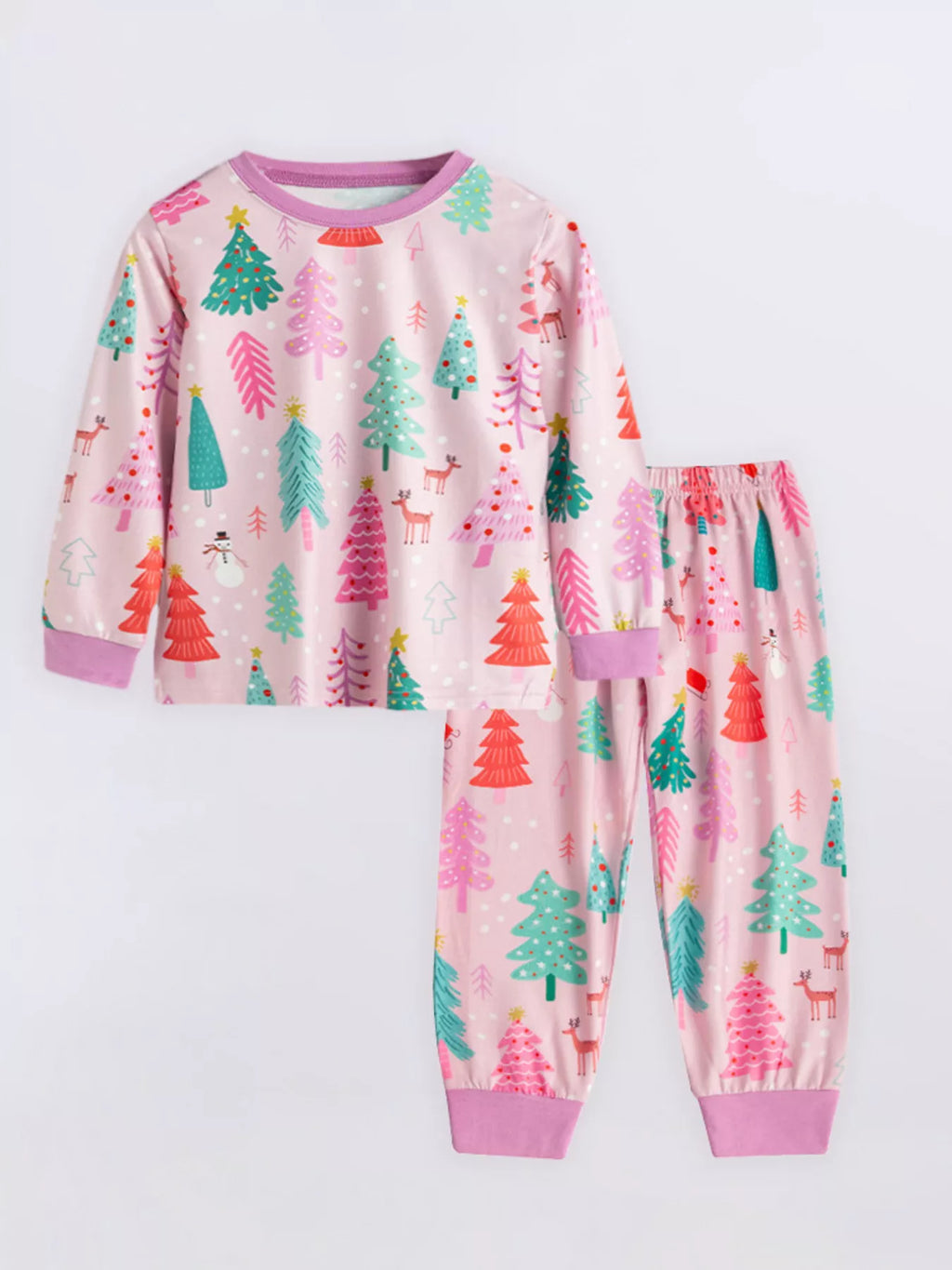 Children's Pajama Set Christmas Tree Print Colorful Top and Pants Blush Pink 090ca92ced604c3698d585411185774a-Max-Origin Trendsi