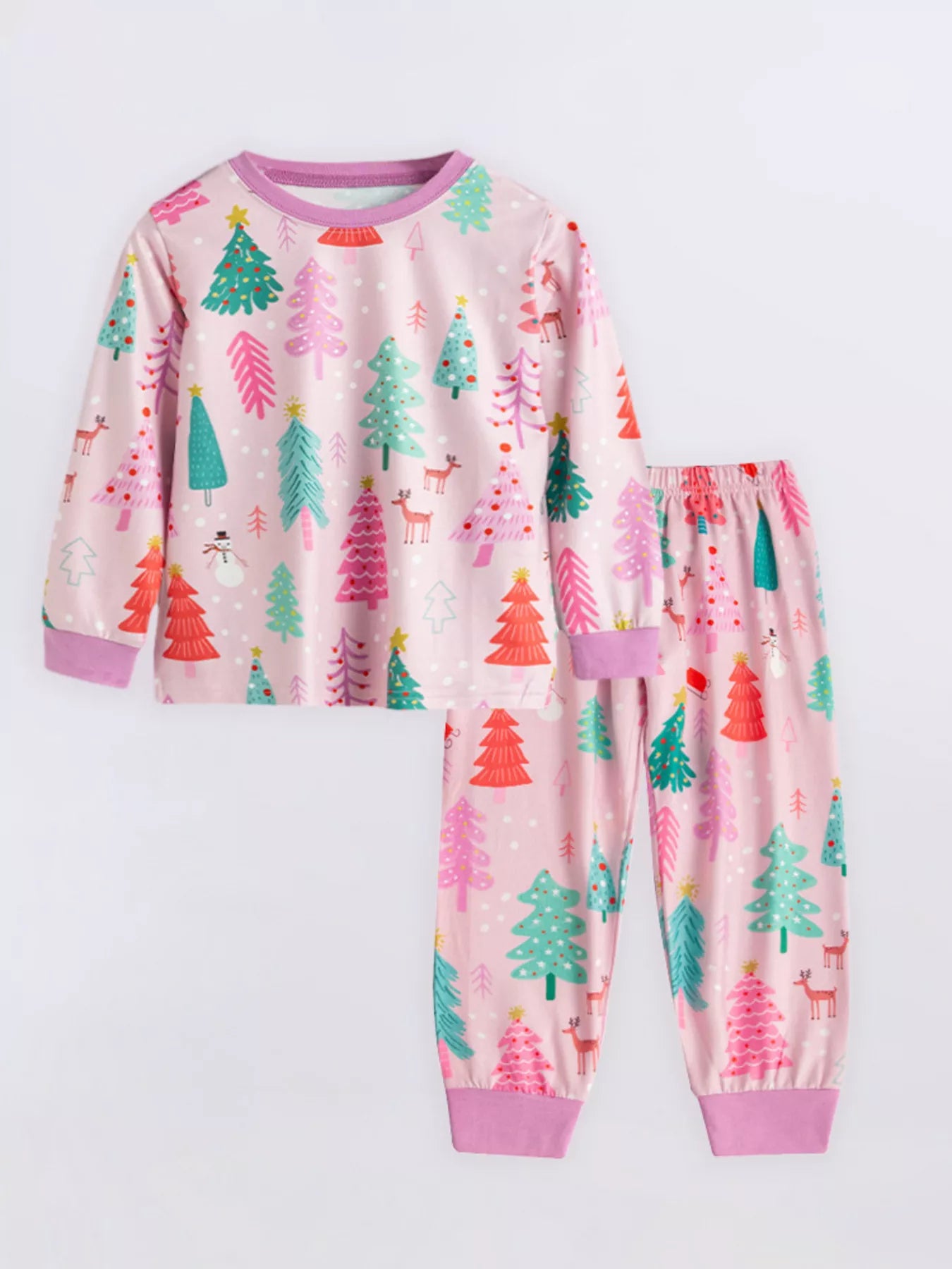 Children's Pajama Set Christmas Tree Print Colorful Top and Pants Blush Pink 090ca92ced604c3698d585411185774a-Max-Origin Trendsi