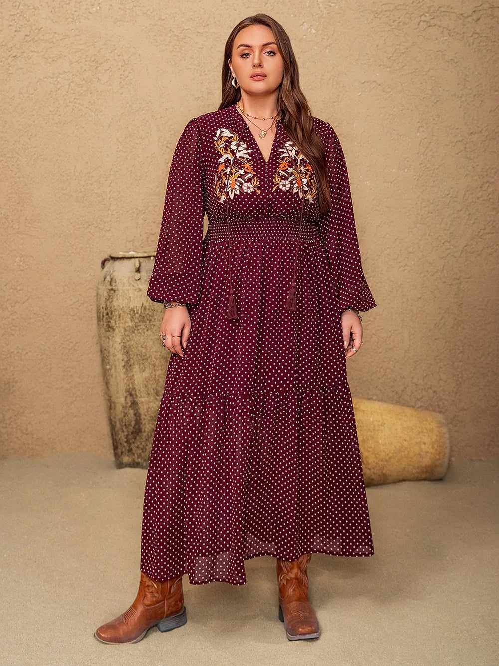 Plus Size Embroidered Polka Dot Tie-Neck Long Sleeve Midi Dress