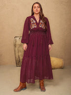 Plus Size Embroidered Polka Dot Tie-Neck Long Sleeve Midi Dress