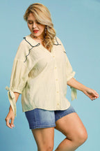 Umgee Shirt Ecru Embroidered Detail Short Bow Sleeve Top 0917f122-0b63-45bd-b317-aaed43a9571a-Max Trendsi